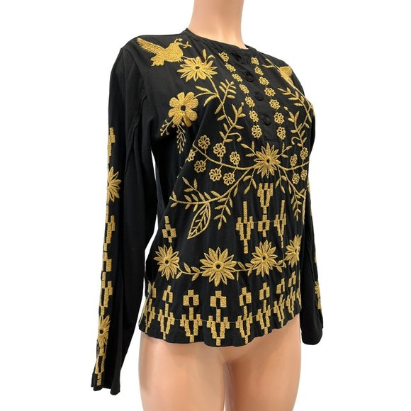 Johnny Was Georgina Raw Seam Henley Top Black Small - Picture 3 of 4